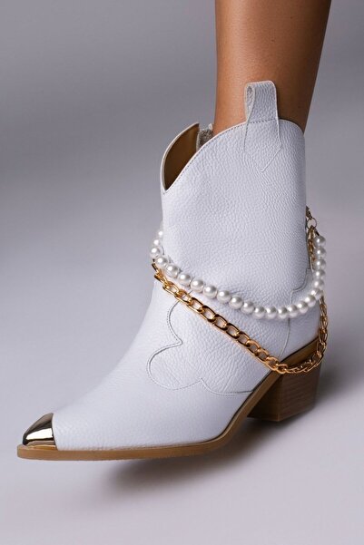 Vanilla Days Camilla Genuine Leather White Ladies Boots with Gold Chain and Pearl Detailing