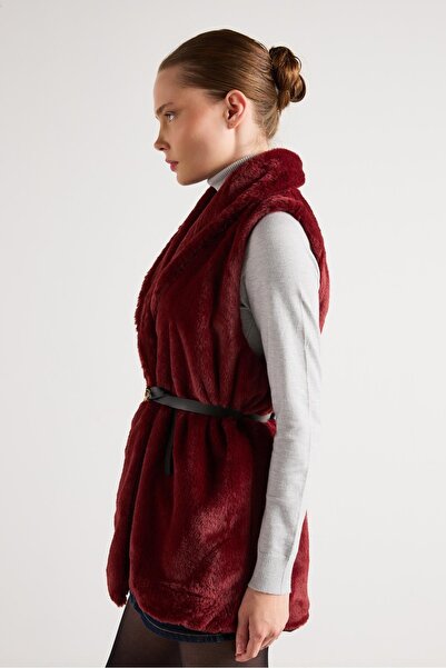 minaaise Women's Burgundy Belted Lined Fur Vest 30094
