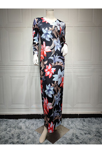 FridayIn Classical V-neck Flowers Crossover design Regular sleeve Long Dresses