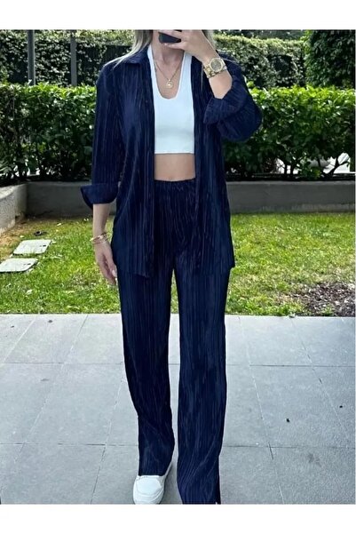 verabelle Women's Pleated Satin Fabric Pantalon Shirt Set