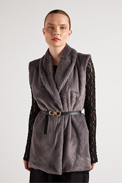 minaaise Women's Anthracite Belted Lined Fur Vest 30094