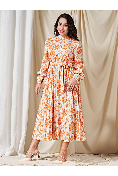 FridayIn Sweet High collar Flowers Pleated Belt Shirt sleeve Mid Dresses