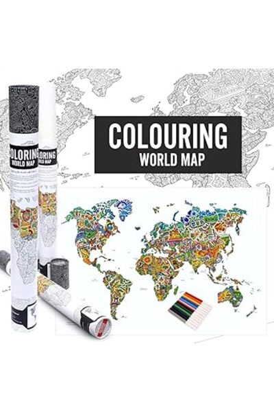 UNIKPLAY ملصق تلوين خريطة العالم العملاقة مع قلم ملون - (أبيض)