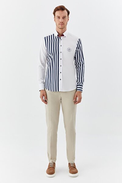 Sabri Özel Beyaz Lacivert Çizgili Gömlek