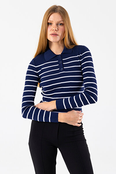 GİYSA Жіночий поло з коміром на ґудзиках, смугастий трикотажний боді, синій - 2058
