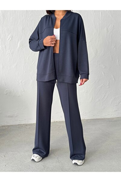 BEJNA Women's Zippered Soft Modal Textured Top and Bottom Set