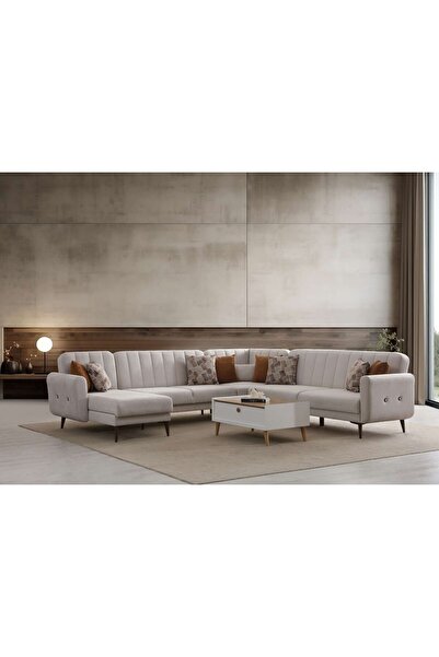 Minar Bona Dinlenme+3+L Köşe+3 Köşe Takımı Bej Valebo-03 Ceviz Ayak