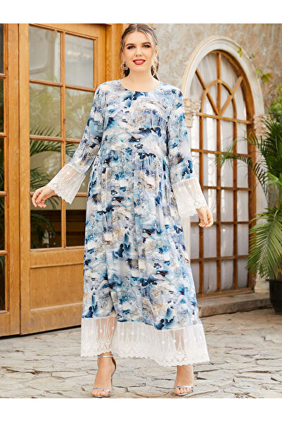 FridayIn Female Sweet Round neck Flowers Basic fitness Plus size dress