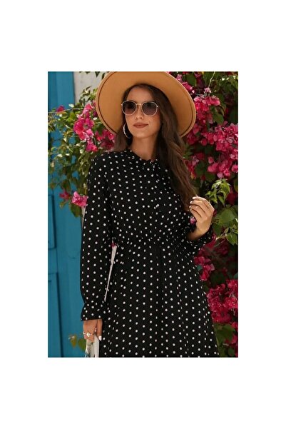 moda wanilia Women's Long Sleeve Polka Dot Maxi Dress – Crepe Model with Lace-Up Collar