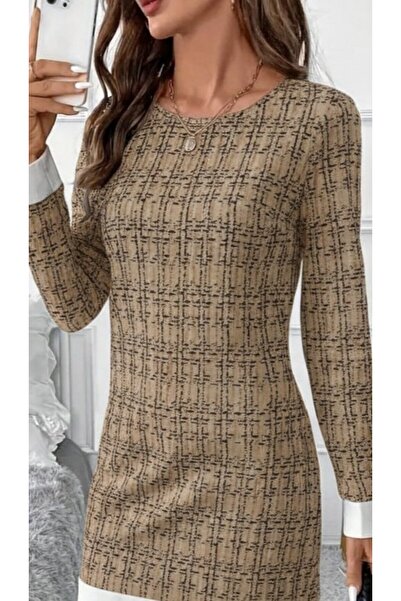 Gökyüzü Moda Women's Long Sleeve Round Neck Hem Striped Detail Mini Woven Dress