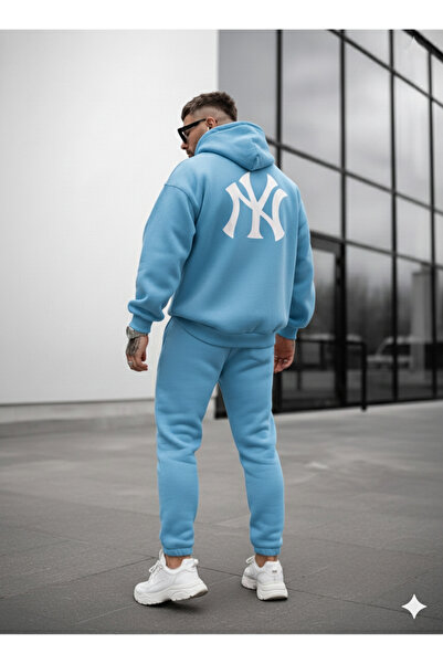 NİCE Men's Front Back Ny Printed Hooded Sweatshirt-Bottom -Top Set