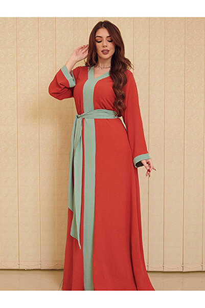 FridayIn Dignified style V-neck Color contrast Belt Regular sleeve Kaftan