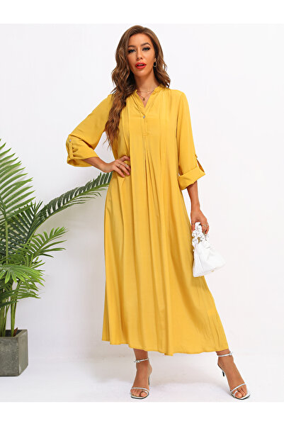 FridayIn Female Sweet V-neck Solid color Loose Long dress
