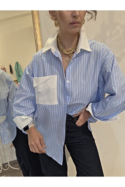 Butik Kadın, Çizgili, Beyaz Yaka ve Cep Detaylı, Bol - Oversize Kalıp, Mavi G...