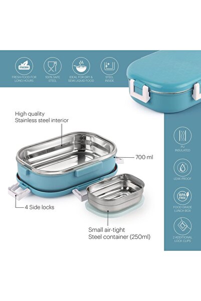 CELLO New Lunch Box, Blue, 700 ml — 2-piece Insulated Stainless Steel Leak-Proof Tiffin