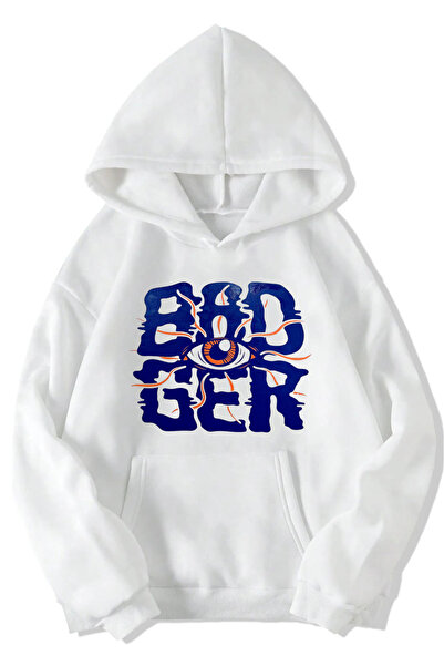 Rivox سويت شيرت أبيض للجنسين بغطاء رأس قصة فضفاضة بادجر مطبوع