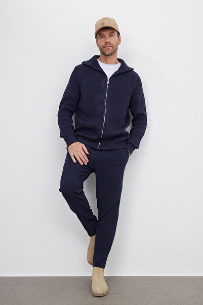 Tudors Men's Slim Fit Mock Neck Zippered Navy Blue Plain Cardigan