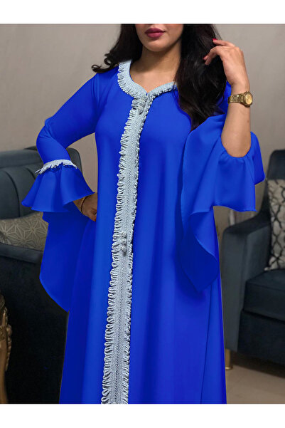 FridayIn قفطان بتصميم المشاهير، رقبة دائرية، تباين الألوان، كشكشة، أكمام واسع...