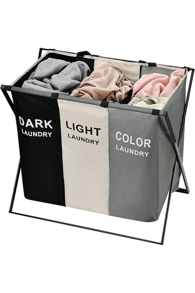 Lawazim سلة غسيل قابلة للطي ومقاومة للماء بثلاثة أقسام مع إطار X من الألومنيو...