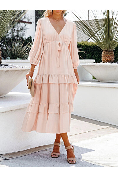 FridayIn Sweet V-neck Solid color Splicing pattern Bow Ruffle Lantern sleeve Mid Dresses