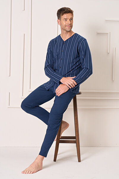 REMSA Ανδρικό σετ πιτζάμες με μακρυμάνικο χτενισμένο βαμβάκι μεγάλου μεγέθους 2144 Navy Blue01