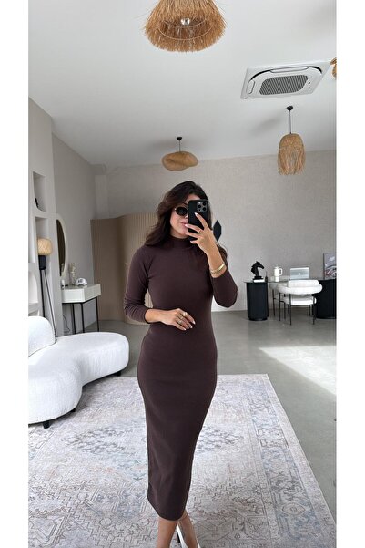 Buket Teke Φόρεμα από μάλλινο πλεκτό καφέ χρώμα