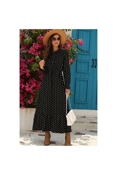 moda wanilia Women's Long Sleeve Polka Dot Maxi Dress – Crepe Model with Lace-Up Collar