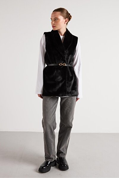 minaaise Women's Black Belted Lined Fur Vest 30094