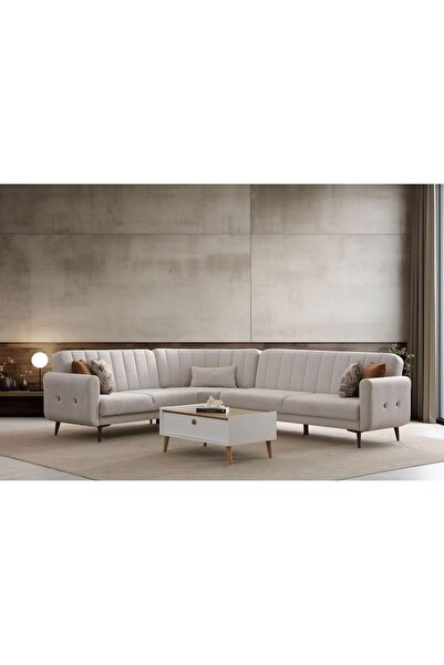 Minar Bona 3 + C Köşe+2 Köşe Takımı Bej Valebo-03 Ceviz Ayak