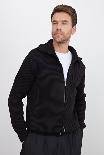 Tudors Men's Slim Fit Mock Neck zippered black plain cardigan