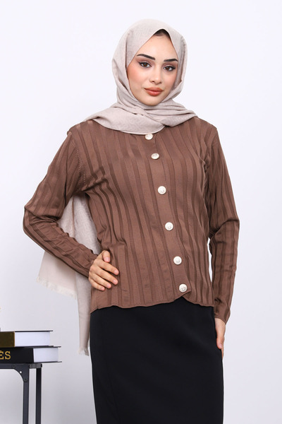 İmajButik Dark Mink Cold Yarn Buttoned Cardigan