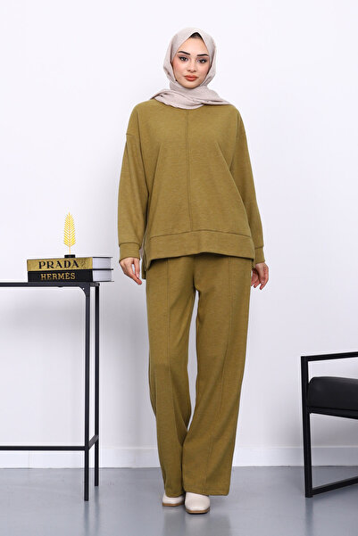 İmajButik Oil Green Top and Pants Ribbed Stitching Thessaloniki Suit