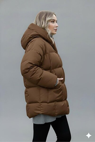Afri Women's Brown Hooded Puffer Coat – Oversized Winter Thick Coat – Cold-Proof Puffer Coat
