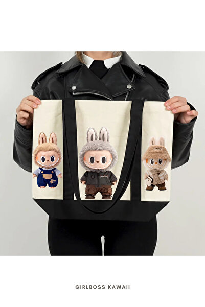 Girlboss Kawaii Labubu Canvas Bag with Pockets / Shopping, Sports, Beach