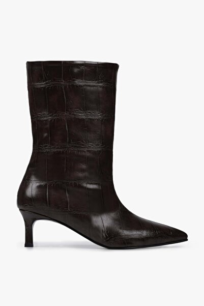 Shoeberry Women's Velina Brown Crocodile Short Heeled Boots