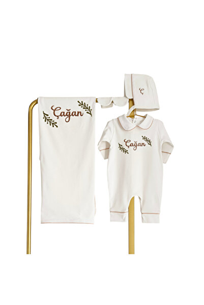 Mis Bebe Minik İnsanların Sarayı Combed Cotton Fabric Beige Piped Leaf Patter...