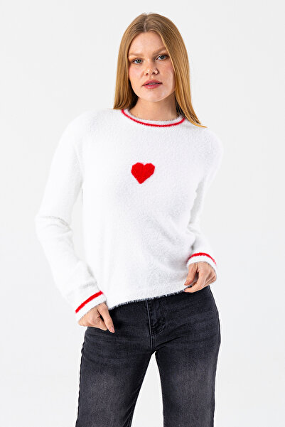 GİYSA Pulover de tricotat cu detaliu inimă pentru femei guler rotund alb - 2358
