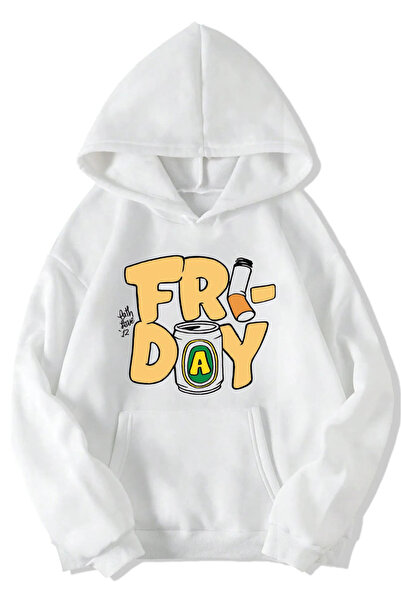 Rivox سويت شيرت أبيض للجنسين بغطاء رأس قصة فضفاضة فرايداي مطبوع