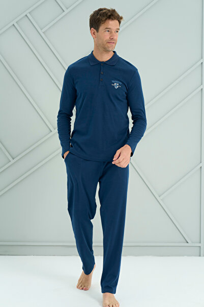 REMSA Ανδρικό σετ πιτζάμες με μακρυμάνικο χτενισμένο βαμβάκι 2206 ανοιχτό μπλε ναυτικό