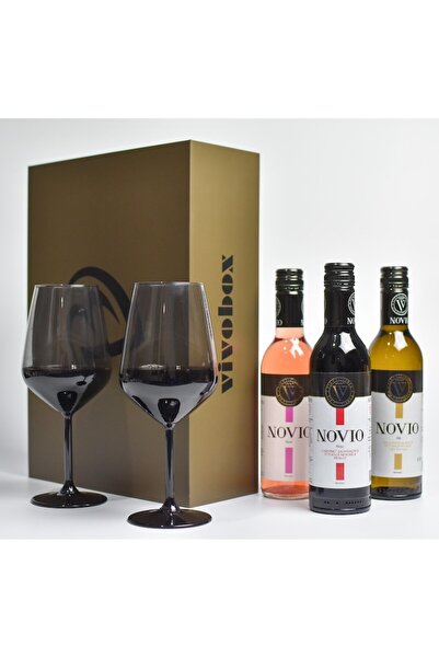 VIVOBOX Set cadou premium cu 3 vinuri (alb, rosé, roșu) și 2 pahare de degustare,