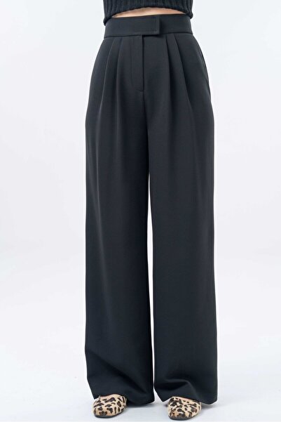 Saade Yüksek Bel Cırtlı Kapama Çift Pile Dokuma Palazzo Pantolon