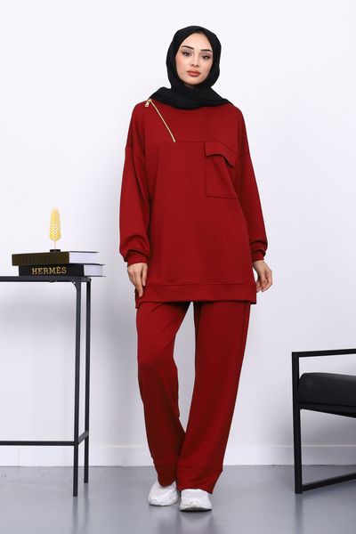 İmajButik Burgundy Single Pocket Tunic with Trousers Modal Suit