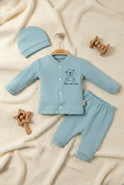 zubi baby & kids wear طقم أطفال تيركواز تيدي بير مطبوع مكون من 3 قطع (كارديجا...