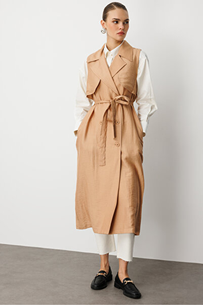 Mizalle Bej Keten Karışımlı Camel Uzun Trençkot Yelek