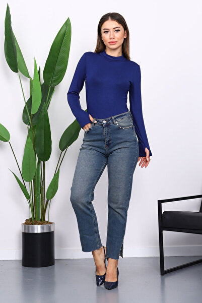 İmajButik Navy Blue Finger-Loop Detailed Bodysuit