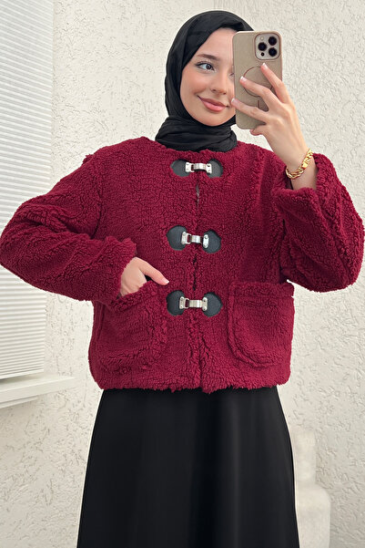 Salih Çelebi Buckle Detailed Plush Jacket 0020 - Bordo