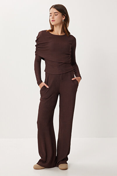 Lovelyİstanbul Drawstring Textured Knitted Top and Bottom Set Lfw0018 Brown