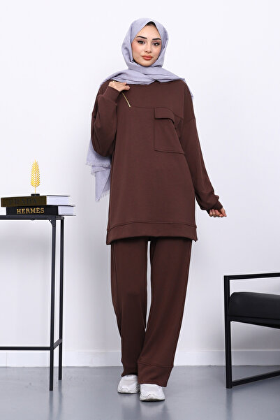 İmajButik Brown Single Pocket Tunic with Trousers Modal Suit