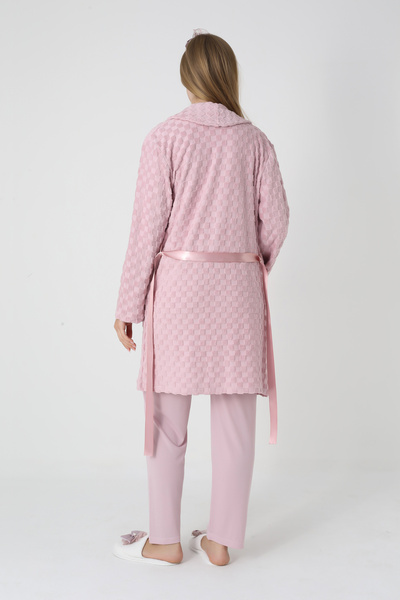 ERDENİZ TEKSTİL Maternity Clothing 3-Piece Pajama and Robe Set - Checkered Jacquard Robe Maternity Buttoned Cotton Pajamas