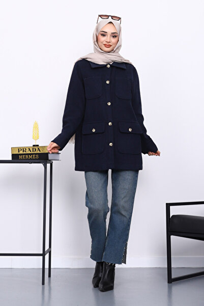 İmajButik Μπουφάν με κουμπιά και τσέπες σε μπλε ναυτικό χρώμα